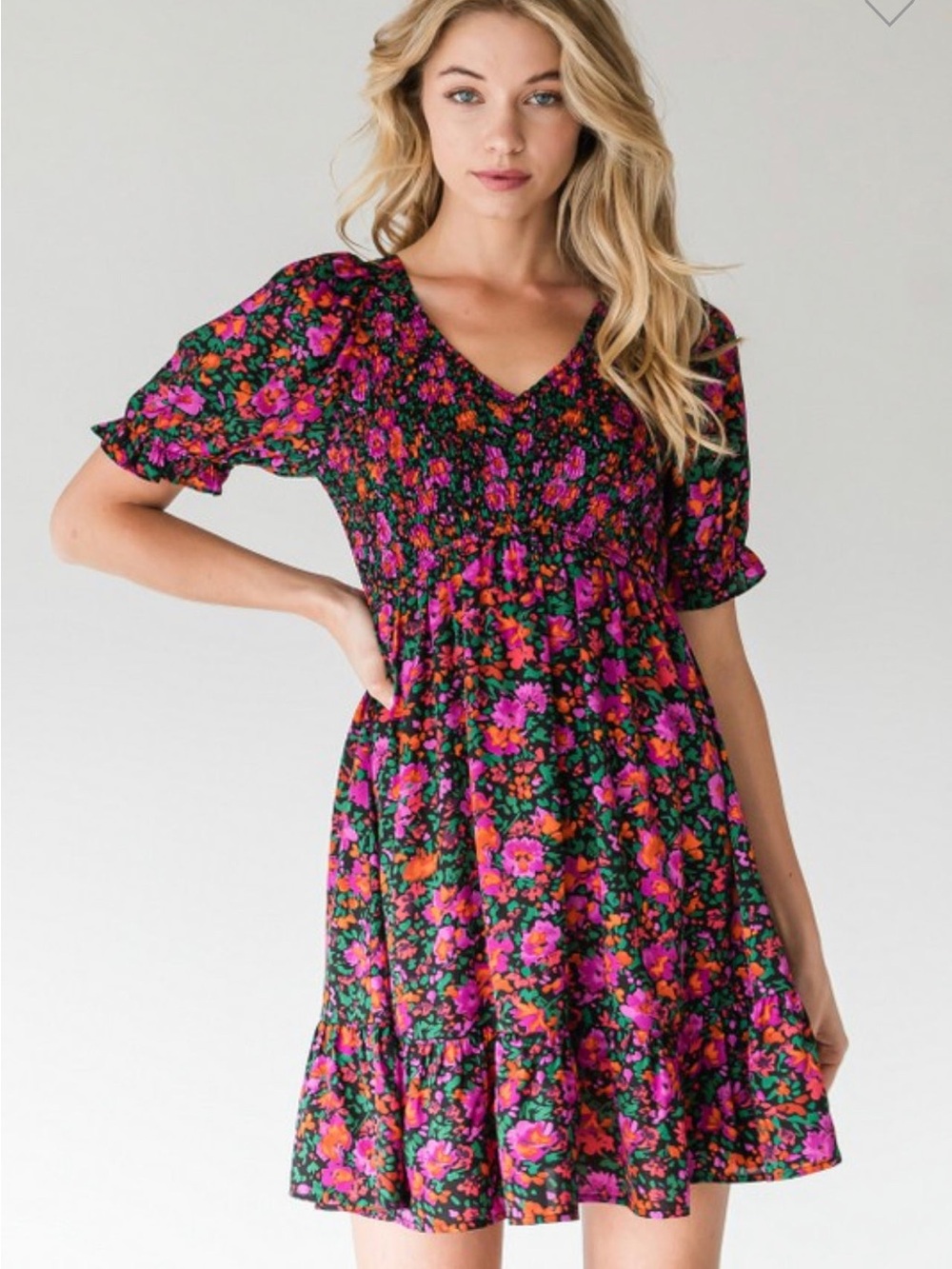 Entro Black & Pink Floral Puff Sleeve Babydoll Mini Dress Size Large